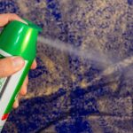 Spray disodorizzante su un tavolo, con un ambiente domestico sullo sfondo.