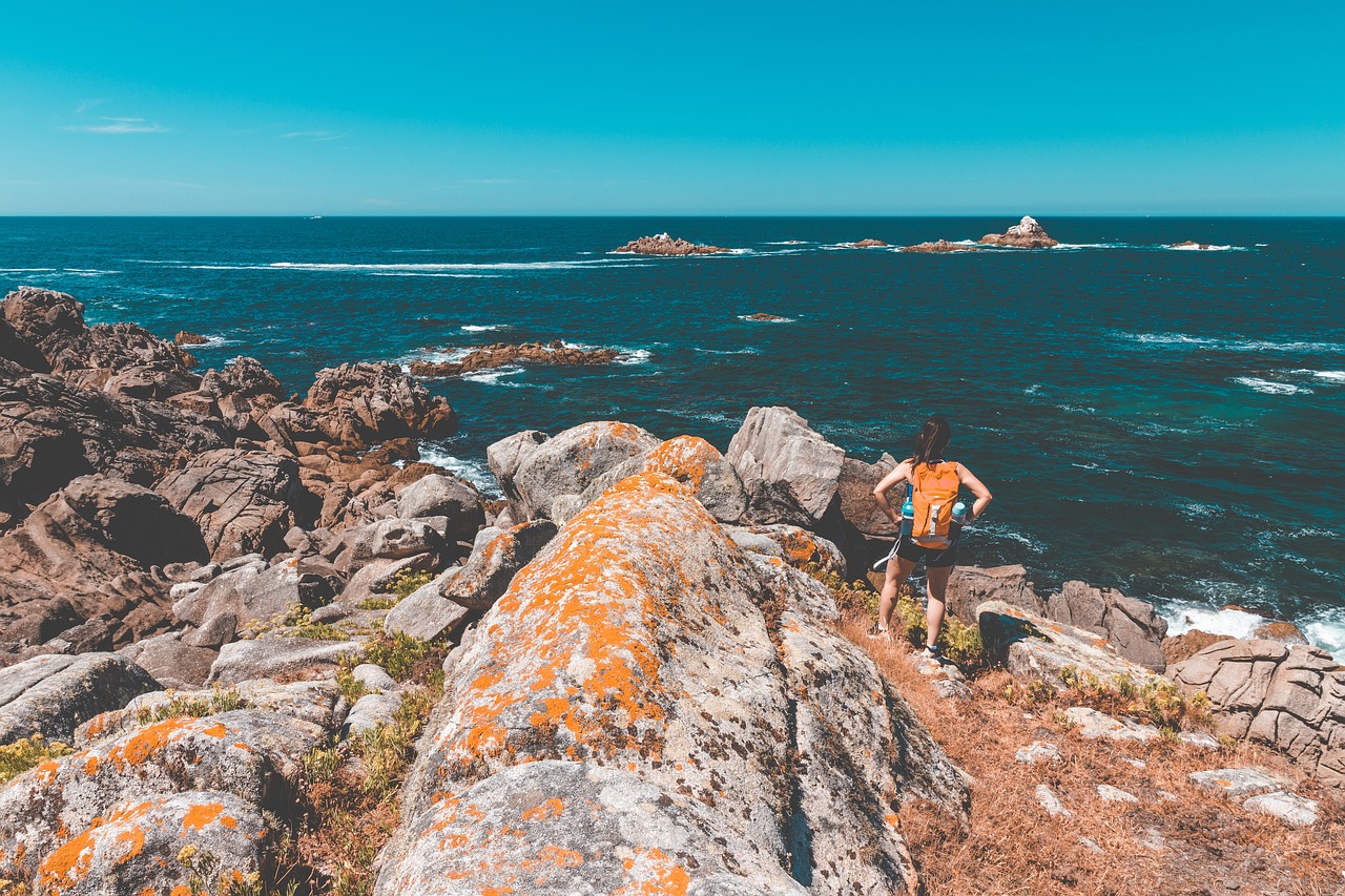 Vue panoramique d'une plage secrète en Bretagne, entourée de falaises et de verdure.